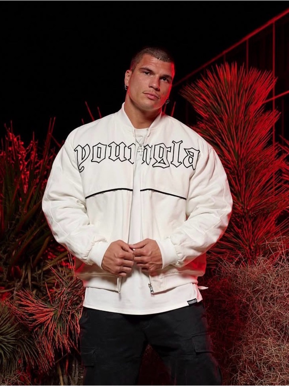 YoungLA Bomber Jacket White Quilted Jacket with Black Stitching Sz L Men’s